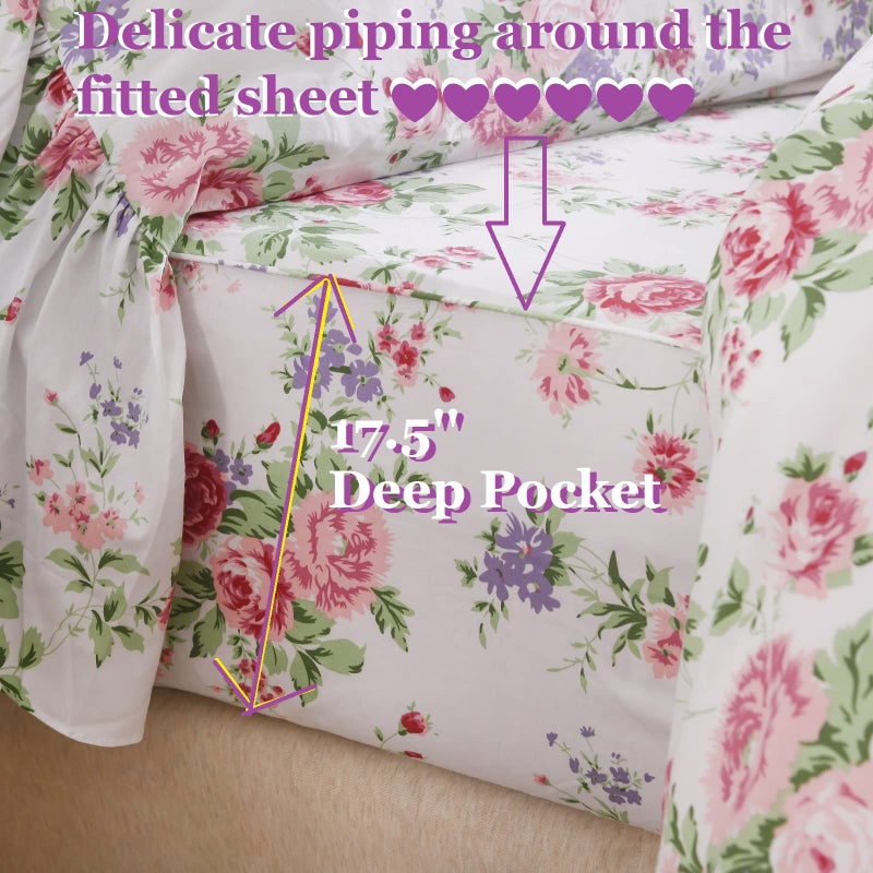 QSH Queen's House Romantic Roses Floral Bed Sheet Sets 4-Piece Shabby Vintage Chic Bedding French Country Ruffle Sheets Deep Pocket Set Queen Size-Style L - Image 4